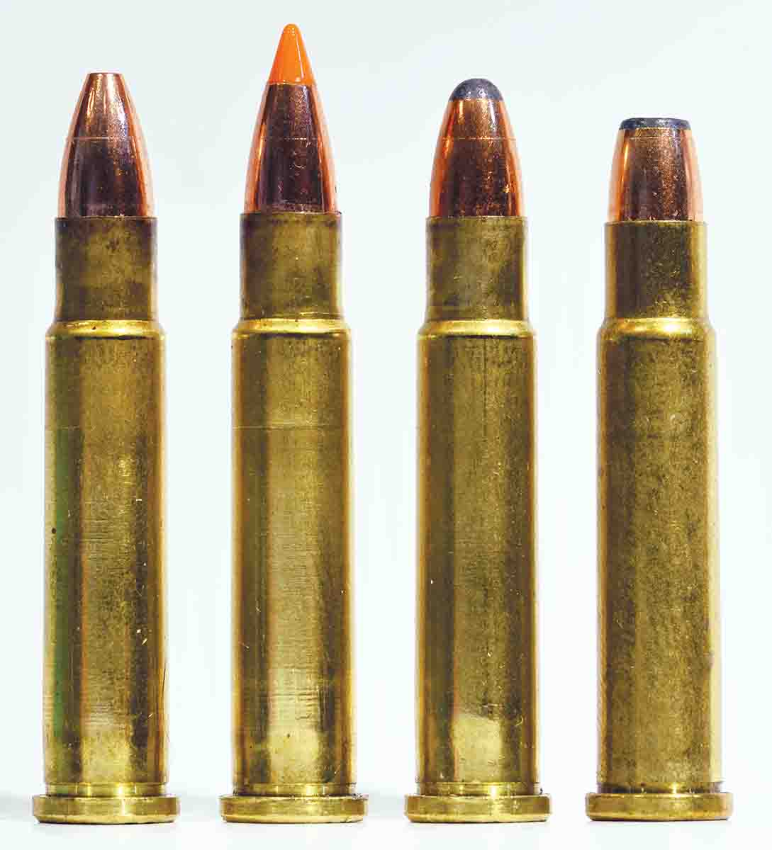 The four basic load configurations tried, using (from left) the Barnes 30-grain Varmint Grenade, Nosler 40-grain Ballistic Tip, Sierra 40-grain (.223 inch) roundnose and the Speer 46-grain flatnose.